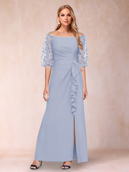 Robe de Mère de la Mariée Fourreau/Colonne à Épaules Dénudées et Manches Mi-Longues avec Appliques