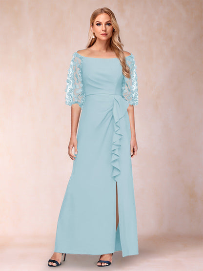 Robe de Mère de la Mariée Fourreau/Colonne à Épaules Dénudées et Manches Mi-Longues avec Appliques