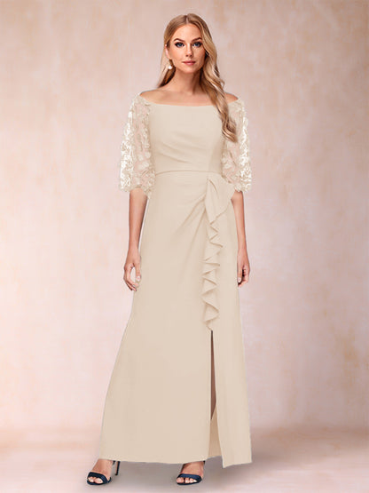 Robe de Mère de la Mariée Fourreau/Colonne à Épaules Dénudées et Manches Mi-Longues avec Appliques