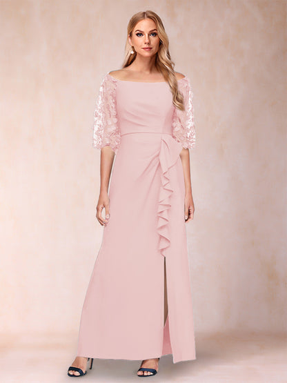 Robe de Mère de la Mariée Fourreau/Colonne à Épaules Dénudées et Manches Mi-Longues avec Appliques