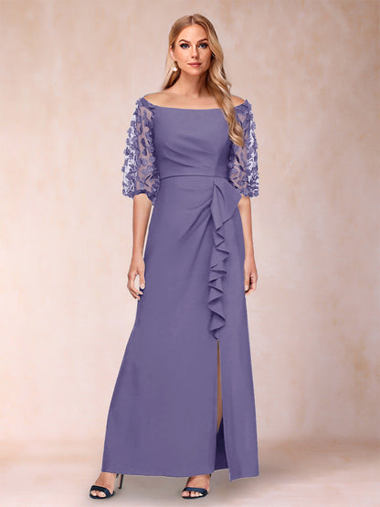 Robe de Mère de la Mariée Fourreau/Colonne à Épaules Dénudées et Manches Mi-Longues avec Appliques