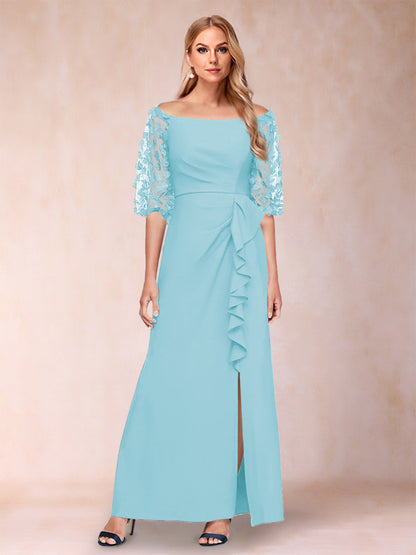 Robe de Mère de la Mariée Fourreau/Colonne à Épaules Dénudées et Manches Mi-Longues avec Appliques