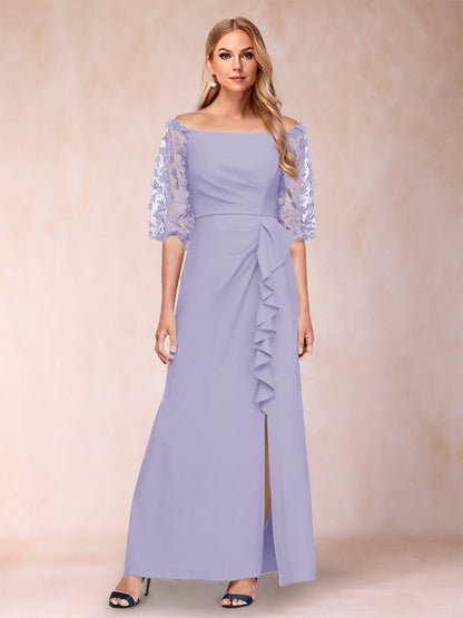 Robe de Mère de la Mariée Fourreau/Colonne à Épaules Dénudées et Manches Mi-Longues avec Appliques