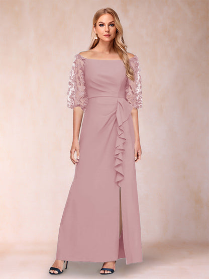 Robe de Mère de la Mariée Fourreau/Colonne à Épaules Dénudées et Manches Mi-Longues avec Appliques