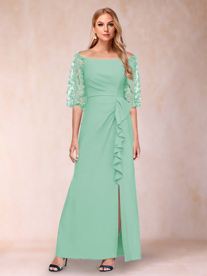 Robe de Mère de la Mariée Fourreau/Colonne à Épaules Dénudées et Manches Mi-Longues avec Appliques