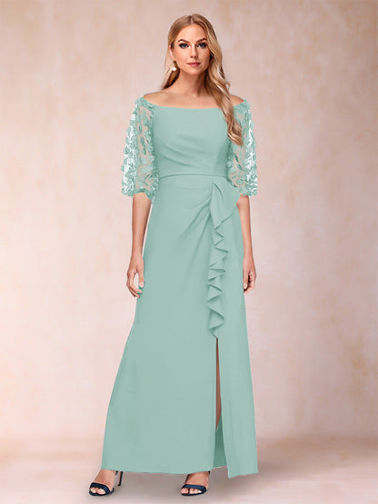 Robe de Mère de la Mariée Fourreau/Colonne à Épaules Dénudées et Manches Mi-Longues avec Appliques