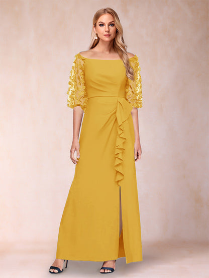Robe de Mère de la Mariée Fourreau/Colonne à Épaules Dénudées et Manches Mi-Longues avec Appliques