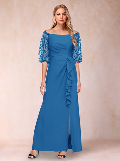 Robe de Mère de la Mariée Fourreau/Colonne à Épaules Dénudées et Manches Mi-Longues avec Appliques