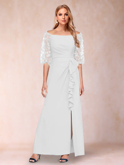 Robe de Mère de la Mariée Fourreau/Colonne à Épaules Dénudées et Manches Mi-Longues avec Appliques