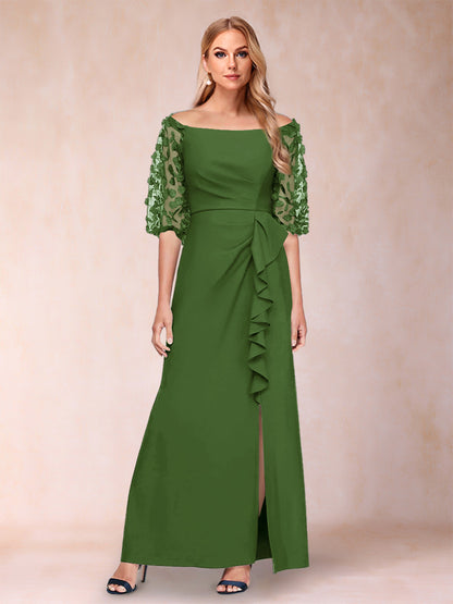 Robe de Mère de la Mariée Fourreau/Colonne à Épaules Dénudées et Manches Mi-Longues avec Appliques