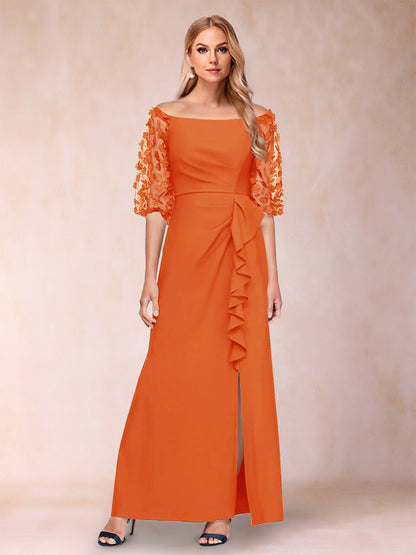 Robe de Mère de la Mariée Fourreau/Colonne à Épaules Dénudées et Manches Mi-Longues avec Appliques