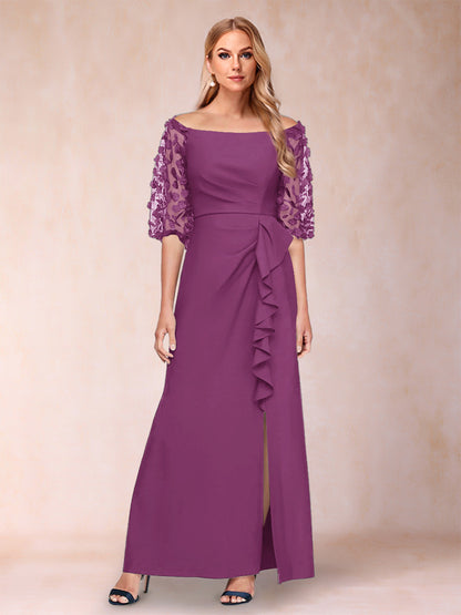 Robe de Mère de la Mariée Fourreau/Colonne à Épaules Dénudées et Manches Mi-Longues avec Appliques