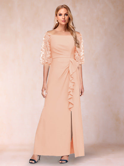 Robe de Mère de la Mariée Fourreau/Colonne à Épaules Dénudées et Manches Mi-Longues avec Appliques