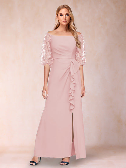 Robe de Mère de la Mariée Fourreau/Colonne à Épaules Dénudées et Manches Mi-Longues avec Appliques
