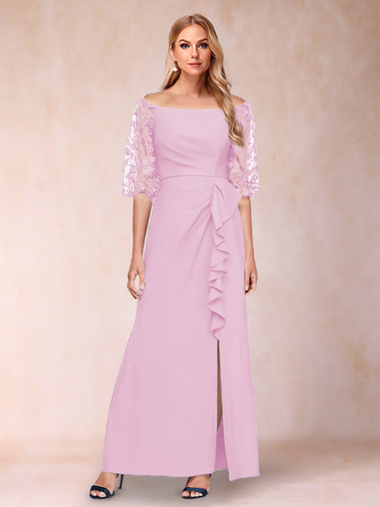 Robe de Mère de la Mariée Fourreau/Colonne à Épaules Dénudées et Manches Mi-Longues avec Appliques