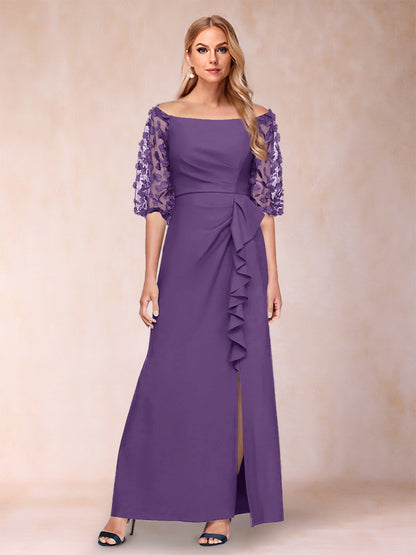 Robe de Mère de la Mariée Fourreau/Colonne à Épaules Dénudées et Manches Mi-Longues avec Appliques