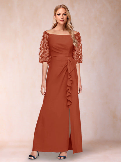 Robe de Mère de la Mariée Fourreau/Colonne à Épaules Dénudées et Manches Mi-Longues avec Appliques