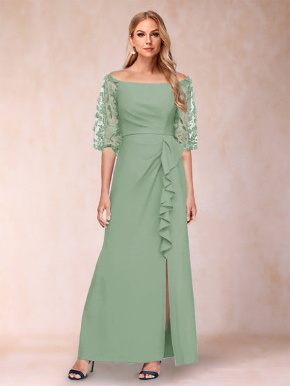 Robe de Mère de la Mariée Fourreau/Colonne à Épaules Dénudées et Manches Mi-Longues avec Appliques