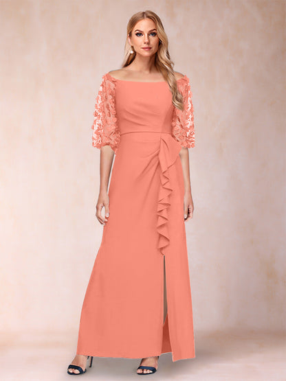 Robe de Mère de la Mariée Fourreau/Colonne à Épaules Dénudées et Manches Mi-Longues avec Appliques