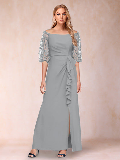 Robe de Mère de la Mariée Fourreau/Colonne à Épaules Dénudées et Manches Mi-Longues avec Appliques