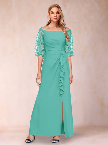 Robe de Mère de la Mariée Fourreau/Colonne à Épaules Dénudées et Manches Mi-Longues avec Appliques