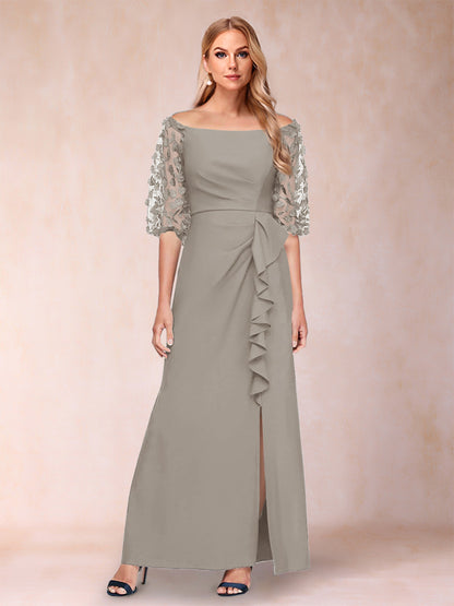 Robe de Mère de la Mariée Fourreau/Colonne à Épaules Dénudées et Manches Mi-Longues avec Appliques