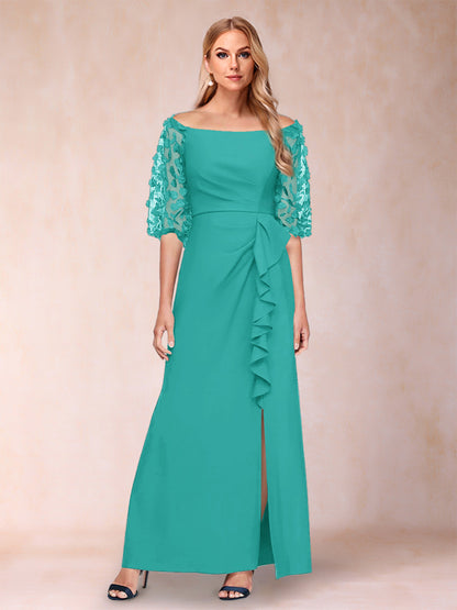 Robe de Mère de la Mariée Fourreau/Colonne à Épaules Dénudées et Manches Mi-Longues avec Appliques
