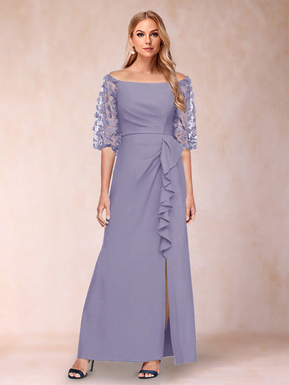 Robe de Mère de la Mariée Fourreau/Colonne à Épaules Dénudées et Manches Mi-Longues avec Appliques