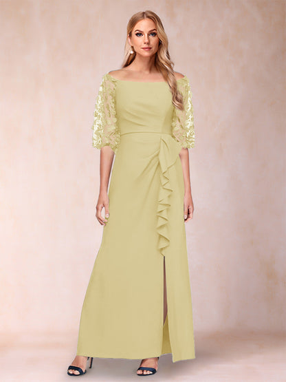 Robe de Mère de la Mariée Fourreau/Colonne à Épaules Dénudées et Manches Mi-Longues avec Appliques