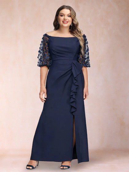 Robe de Mère de la Mariée Grande Taille, Fourreau/Colonne, Épaules Dénudées, Manches Mi-Longues avec Appliques