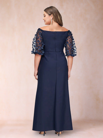 Robe de Mère de la Mariée Grande Taille, Fourreau/Colonne, Épaules Dénudées, Manches Mi-Longues avec Appliques