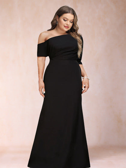 Robes de Mère de la Mariée Grande Taille, Style Trompette/Sirène, Asymétrique, Manches Mi-Longues avec Fronces