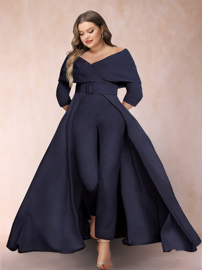 Ensemble 2 Pièces Grande Taille, Coupe Trapèze/Princesse, Col en V, Manches 3/4 avec Ceinture