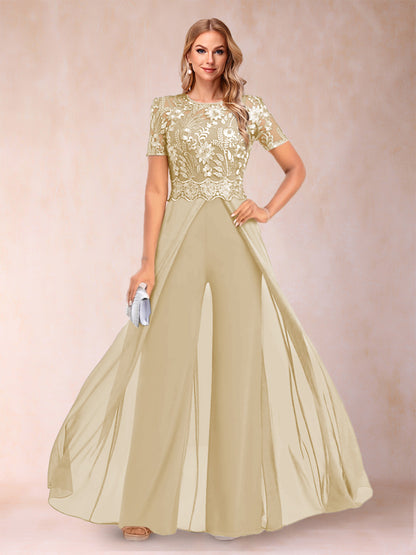 Ensemble Deux PiècesTailleur-Pantalon Coupe A-Line/Princess à Manches Courtes et Décolleté En V avec Appliqués
