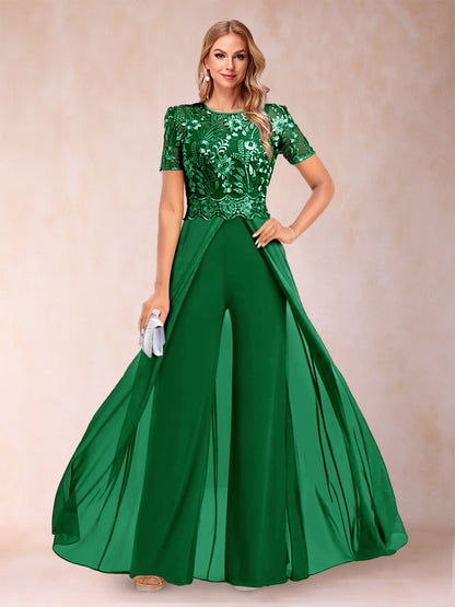 Ensemble Deux PiècesTailleur-Pantalon Coupe A-Line/Princess à Manches Courtes et Décolleté En V avec Appliqués