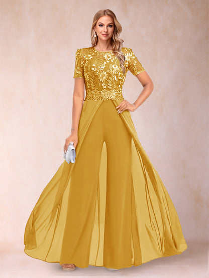 Ensemble Deux PiècesTailleur-Pantalon Coupe A-Line/Princess à Manches Courtes et Décolleté En V avec Appliqués