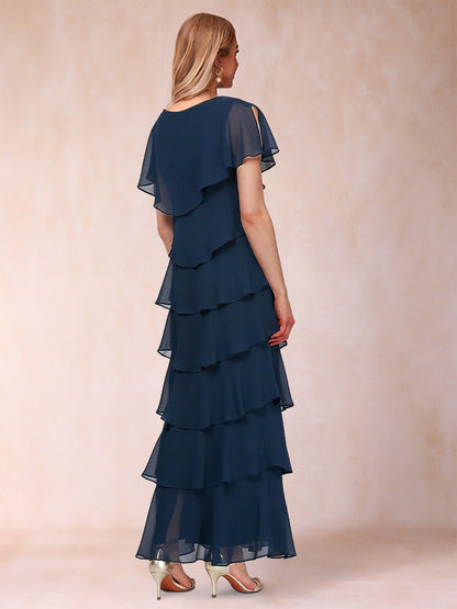 Robes de Mère de la Mariée Fourreau/Colonne à Col En V et Manches Courtes avec Volants