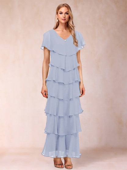Robes de Mère de la Mariée Fourreau/Colonne à Col En V et Manches Courtes avec Volants