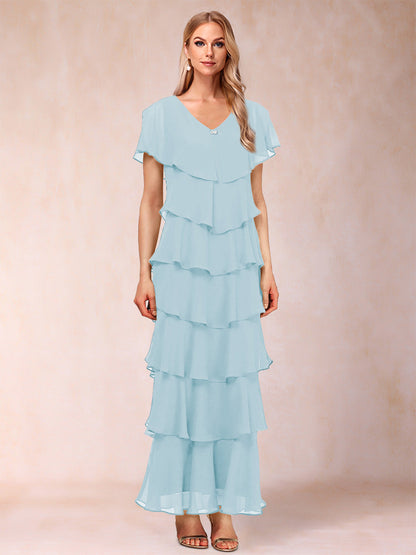 Robes de Mère de la Mariée Fourreau/Colonne à Col En V et Manches Courtes avec Volants