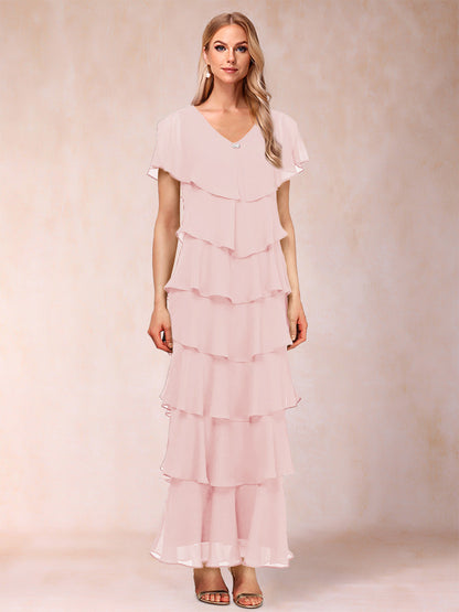 Robes de Mère de la Mariée Fourreau/Colonne à Col En V et Manches Courtes avec Volants