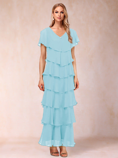 Robes de Mère de la Mariée Fourreau/Colonne à Col En V et Manches Courtes avec Volants