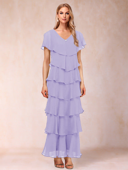 Robes de Mère de la Mariée Fourreau/Colonne à Col En V et Manches Courtes avec Volants