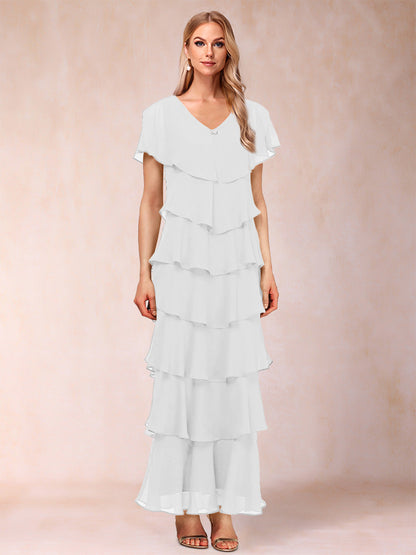 Robes de Mère de la Mariée Fourreau/Colonne à Col En V et Manches Courtes avec Volants