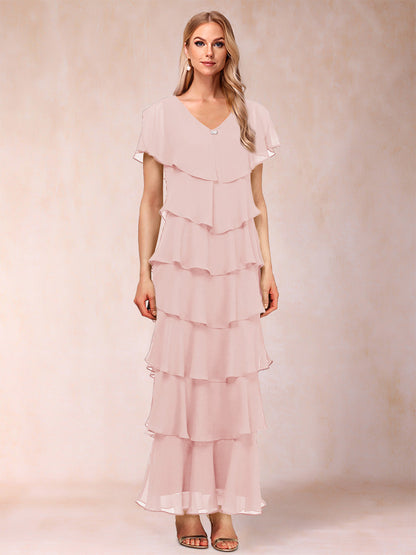 Robes de Mère de la Mariée Fourreau/Colonne à Col En V et Manches Courtes avec Volants
