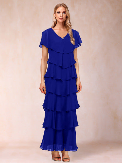 Robes de Mère de la Mariée Fourreau/Colonne à Col En V et Manches Courtes avec Volants