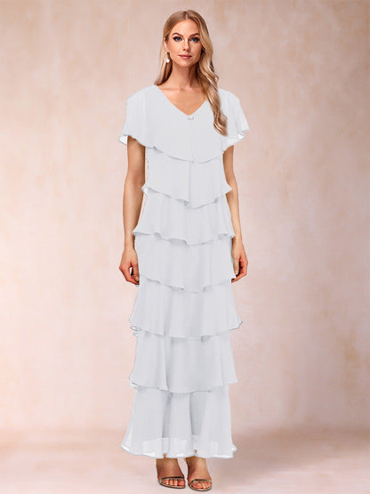 Robes de Mère de la Mariée Fourreau/Colonne à Col En V et Manches Courtes avec Volants