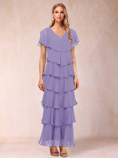 Robes de Mère de la Mariée Fourreau/Colonne à Col En V et Manches Courtes avec Volants