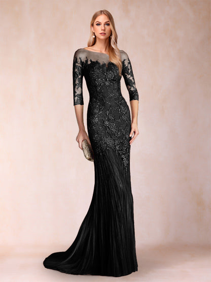 Robe de Mère de la Mariée à Manches 3/4 Style Sirène/Trompette avec Appliques