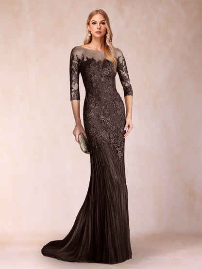 Robe de Mère de la Mariée à Manches 3/4 Style Sirène/Trompette avec Appliques
