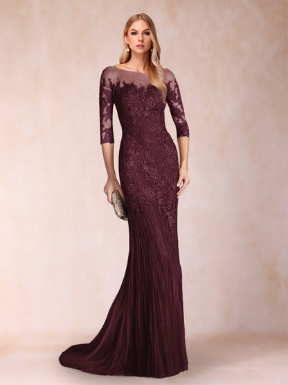 Robe de Mère de la Mariée à Manches 3/4 Style Sirène/Trompette avec Appliques
